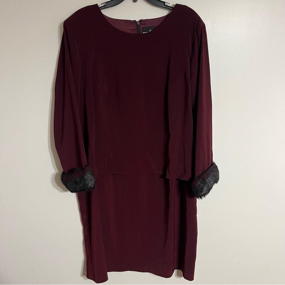 Vintage 90's Positive Attitude Burgundy Midi Dress Faux Fur Cuffs Size 20